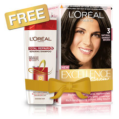 LOreal Paris Excellence Creme Hair Color - 3 Natural Darkest Brown + Free Total Repair 5 Shampoo