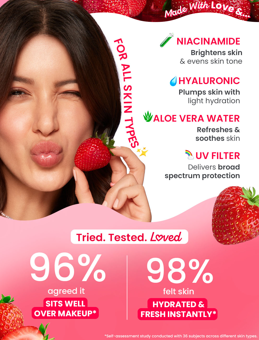 Vitamin E , Aloe Water, Easy reapplication - Sun protection on-the-go, Delivers lightweight hydration, Quick absorbing and drying