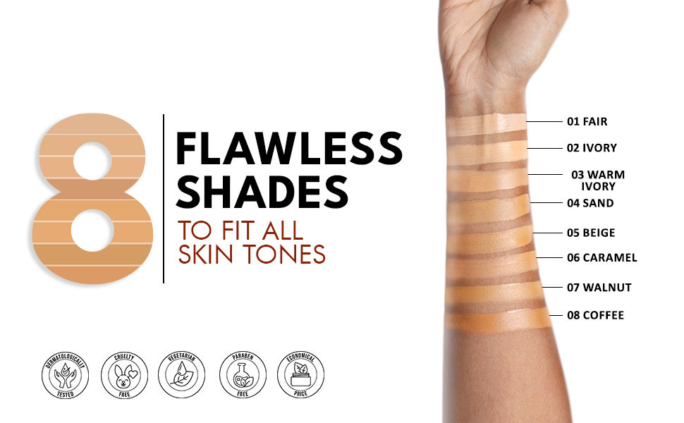 FLiCKA Flawless Femme HD Liquid Foundation - 8 Flawless Shades to Fit All Skin Tones: 01 Fair, 02 Ivory, 03 Warm Ivory, 04 Sand, 05 Beige, 06 Caramel, 07 Walnut, 08 Coffee - Dermatologically Tested Cruelty Free Paraben Free Vegetarian