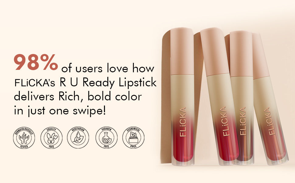FLiCKA R U Ready Liquid Matte Lipstick - 98% of Users Love How It Delivers Rich Bold Color in Just One Swipe, Dermatologically Tested Cruelty Free Vegetarian Paraben Free