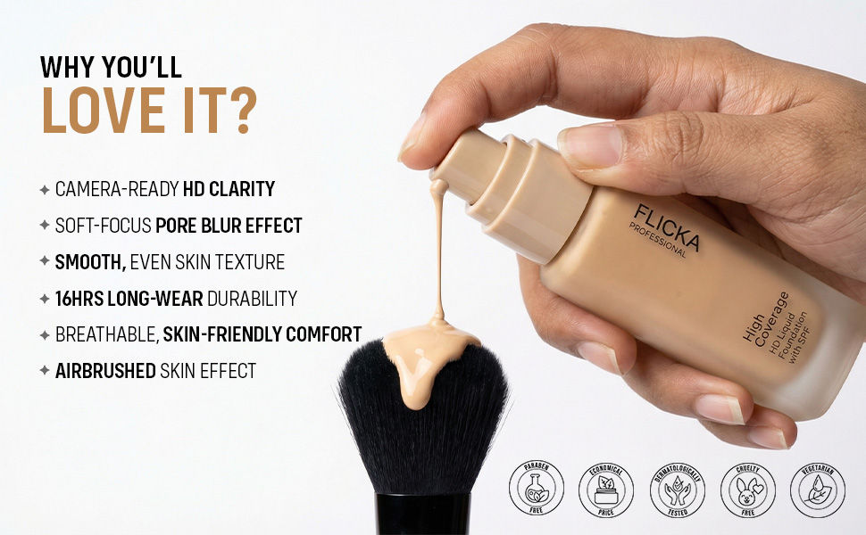 FLiCKA Professional HD Liquid Foundation - Why You'll Love It: Camera-Ready HD Clarity, Soft-Focus Pore Blur Effect, Smooth Even Skin Texture, 16 Hours Long-Wear Durability, Breathable Skin-Friendly Comfort, Airbrushed Skin Effect