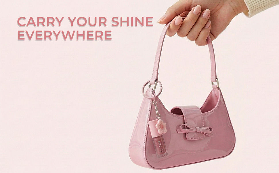 FLiCKA Luxe Lip Gloss - Carry Your Shine Everywhere, Flower Keychain Charm on Pink Handbag