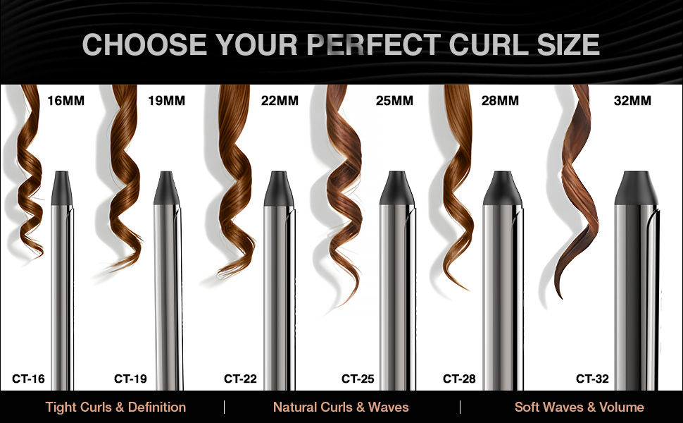 Choose Your Perfect Curl Size - Tight Curls & Definition 15mm & 19mm , Natural Curls & Waves 22mm & 25mm, Soft Waves & Volume 28mm & 32MM