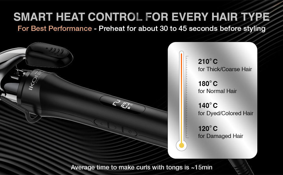 Ikonic product - Smart Heat Control for Every Hair Type - 210 C for Thick/Coarse Hair, 180 C for Normal Hair, 140 C for Dyed/Colored Hair, 120 C for Damaged Hair - Average time to make curls with tongs is 15min