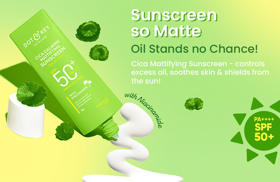 Dot & Key CICA Calming Mattifying Sunscreen SPF 50 PA++++ | For Oily Acne Prone & Sensitive Skin | UVA/UVB Protection | No White Cast, Ultra Light, Fragrance Free & Quick Absorbing | Matte Finish | Fades sun induced dark spots | Zero pilling | Prevents futher tanning