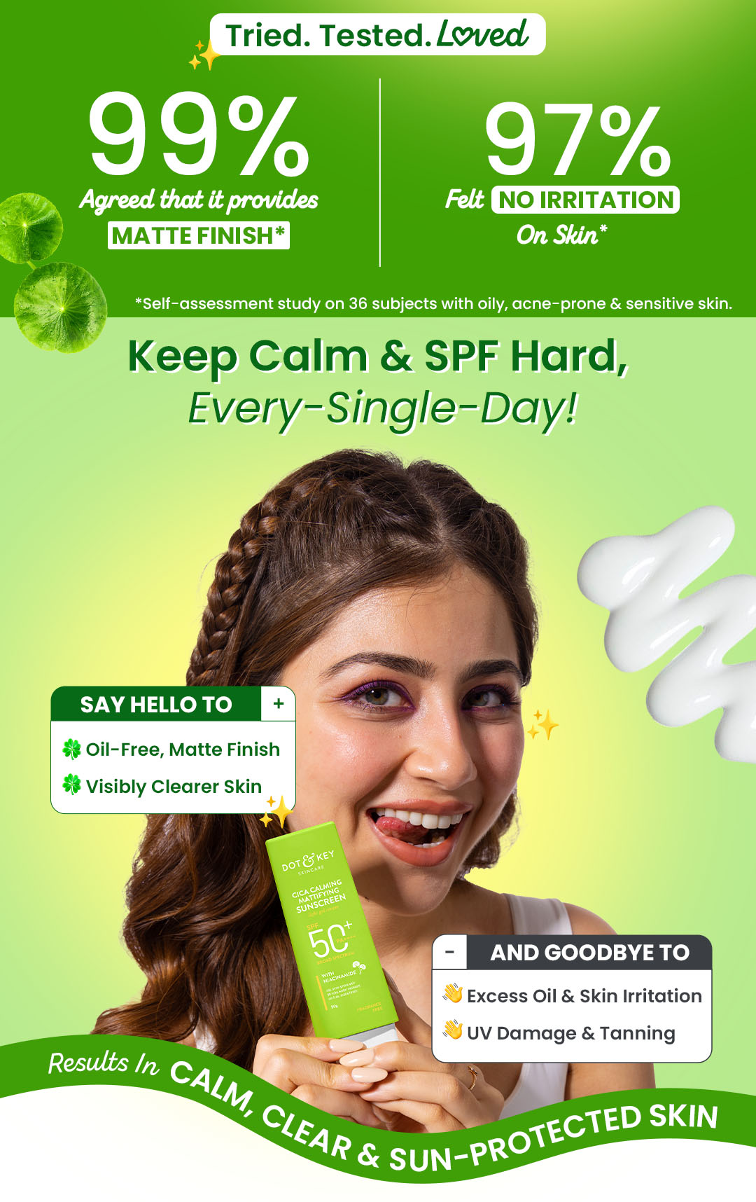 Dot & Key CICA Calming Mattifying Sunscreen SPF 50 PA++++ | For Oily Acne Prone & Sensitive Skin | UVA/UVB Protection | No White Cast, Ultra Light, Fragrance Free & Quick Absorbing | Matte Finish | Fades sun induced dark spots | Zero pilling | Prevents futher tanning