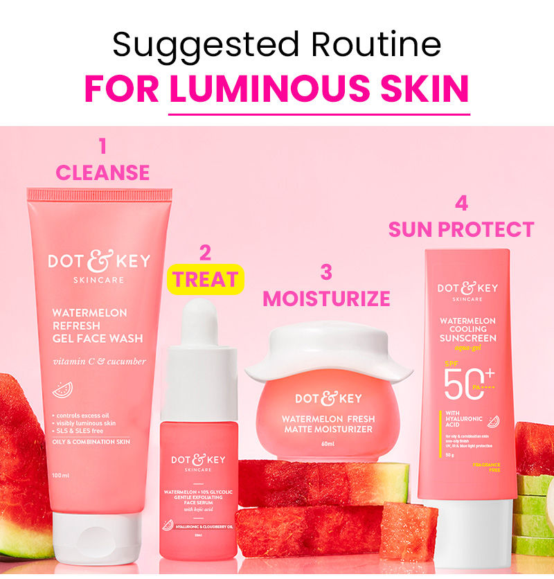 Controls excess oil, Skin discoloration, Luminous Skin