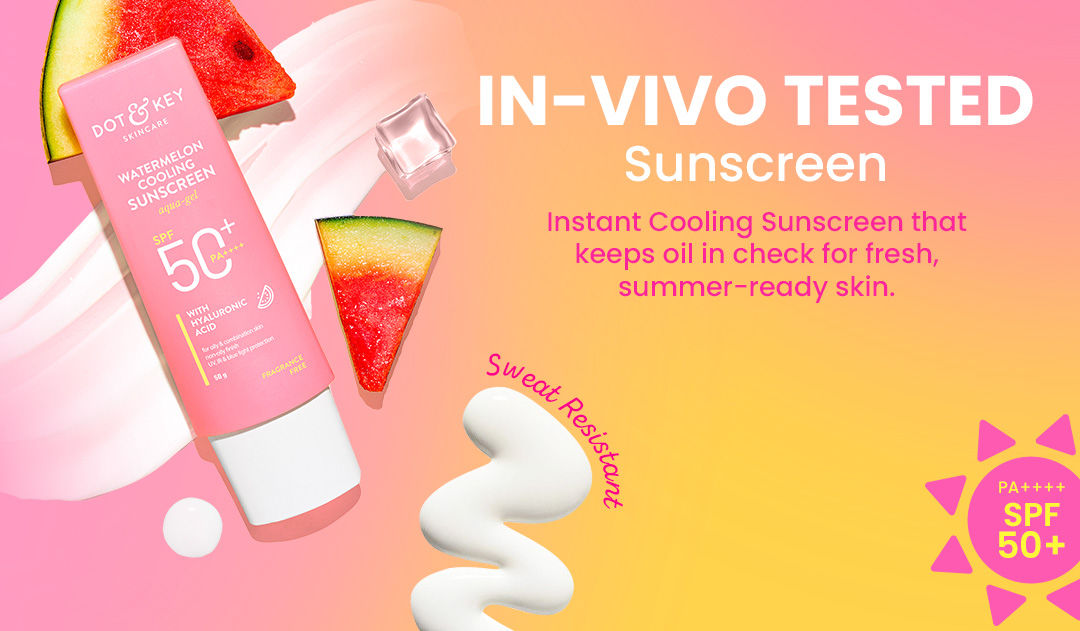 Dot & Key Watermelon Cooling Sunscreen SPF 50+ PA++++ | With Hyaluronic Acid, Instantly Cools Skin, Broad Spectrum Protection | Controls Excess Oil, Checks Tanning, No White Cast, All Skin Types | Water-light lotion | Lightweight & quick absorbing | For oily, combination skin | Checks tanning & sunburn | Oil-free, lumininous & sun protected skin
