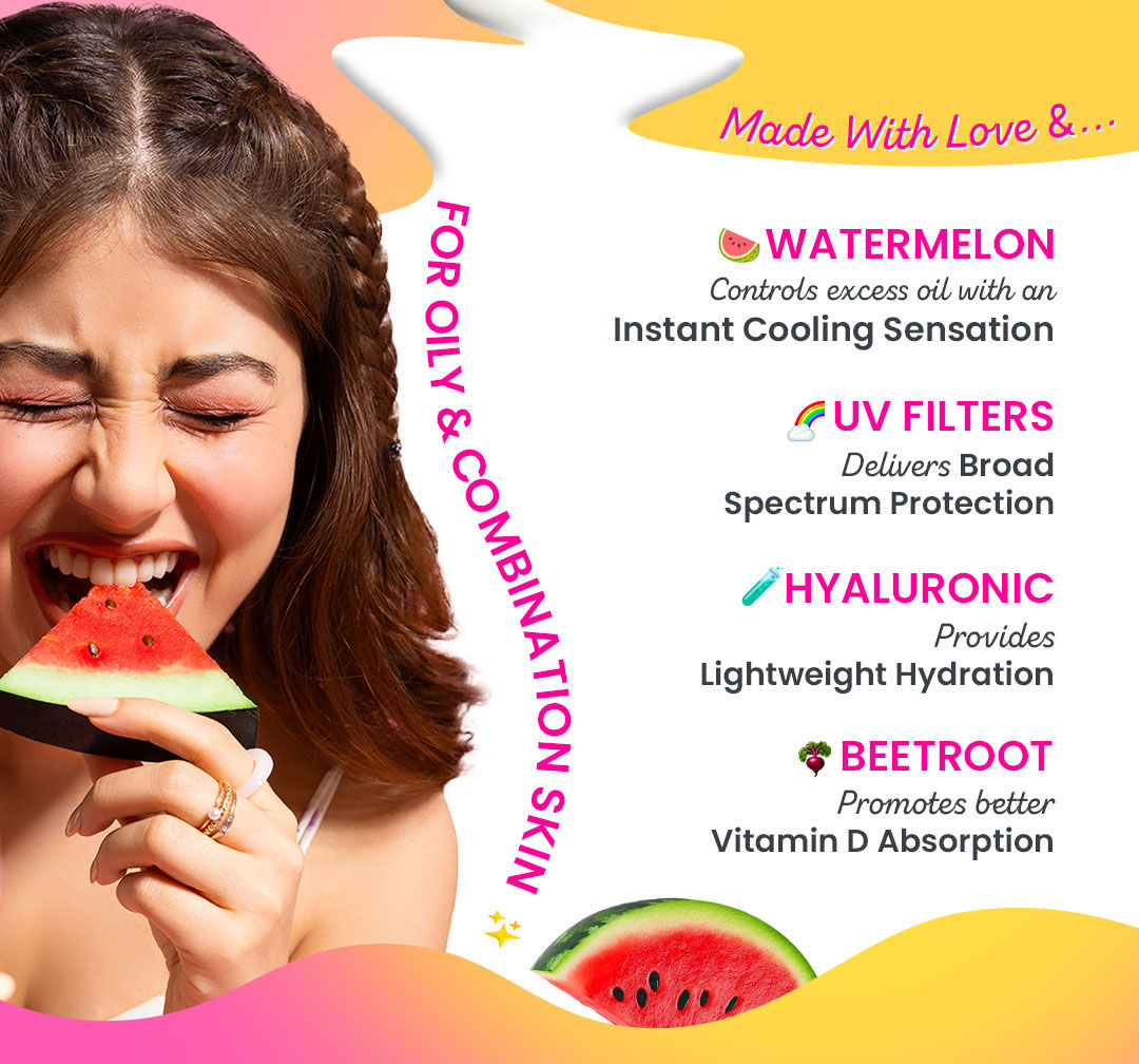 Dot & Key Watermelon Cooling Sunscreen SPF 50+ PA++++ | With Hyaluronic Acid, Instantly Cools Skin, Broad Spectrum Protection | Controls Excess Oil, Checks Tanning, No White Cast, All Skin Types | Water-light lotion | Lightweight & quick absorbing | For oily, combination skin | Checks tanning & sunburn | Oil-free, lumininous & sun protected skin