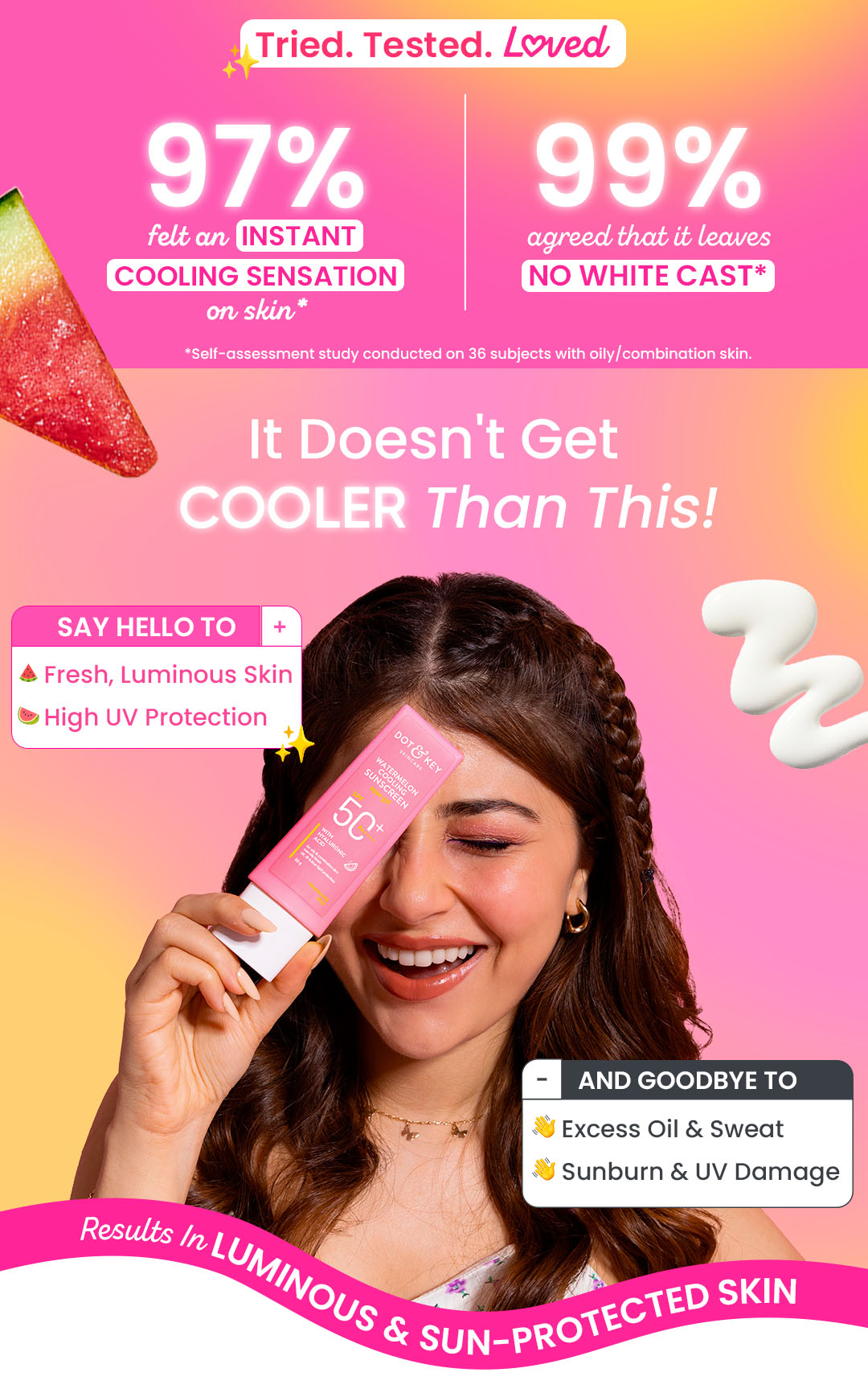 Dot & Key Watermelon Cooling Sunscreen SPF 50+ PA++++ | With Hyaluronic Acid, Instantly Cools Skin, Broad Spectrum Protection | Controls Excess Oil, Checks Tanning, No White Cast, All Skin Types | Water-light lotion | Lightweight & quick absorbing | For oily, combination skin | Checks tanning & sunburn | Oil-free, lumininous & sun protected skin