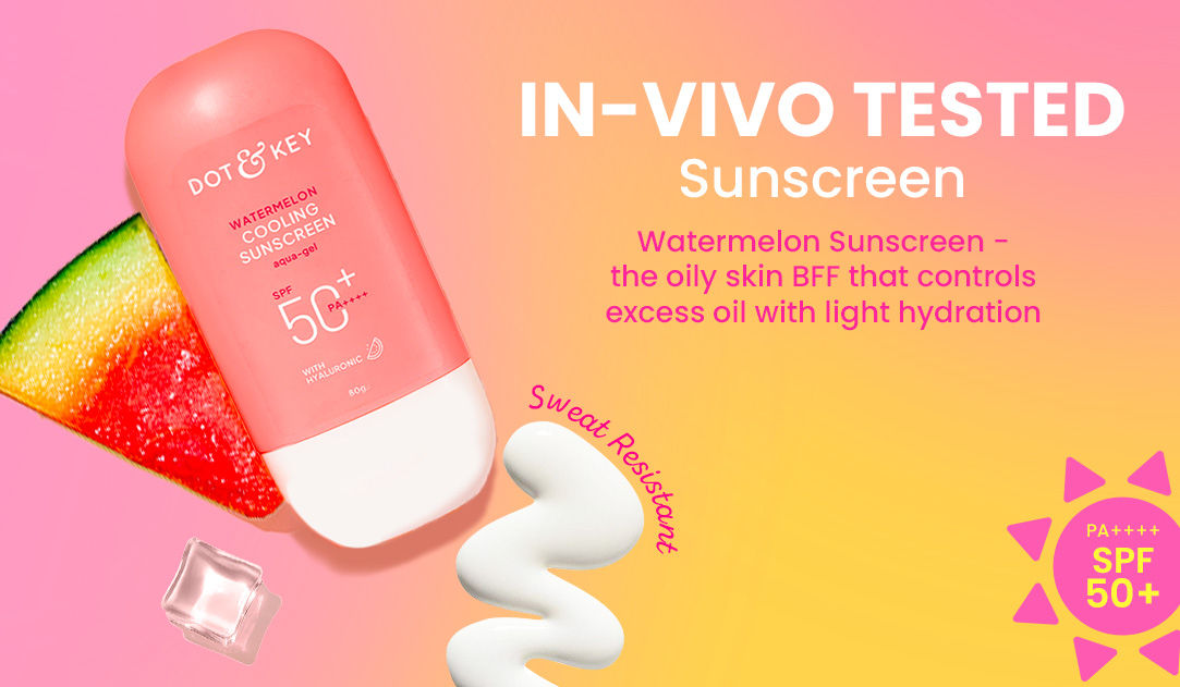 Dot & Key Watermelon Cooling Sunscreen SPF 50+ PA++++ | With Hyaluronic Acid, Instantly Cools Skin, Broad Spectrum Protection | Controls Excess Oil, Checks Tanning, No White Cast, All Skin Types | Water-light lotion | Lightweight & quick absorbing | For oily, combination skin | Checks tanning & sunburn | Oil-free, lumininous & sun protected skin