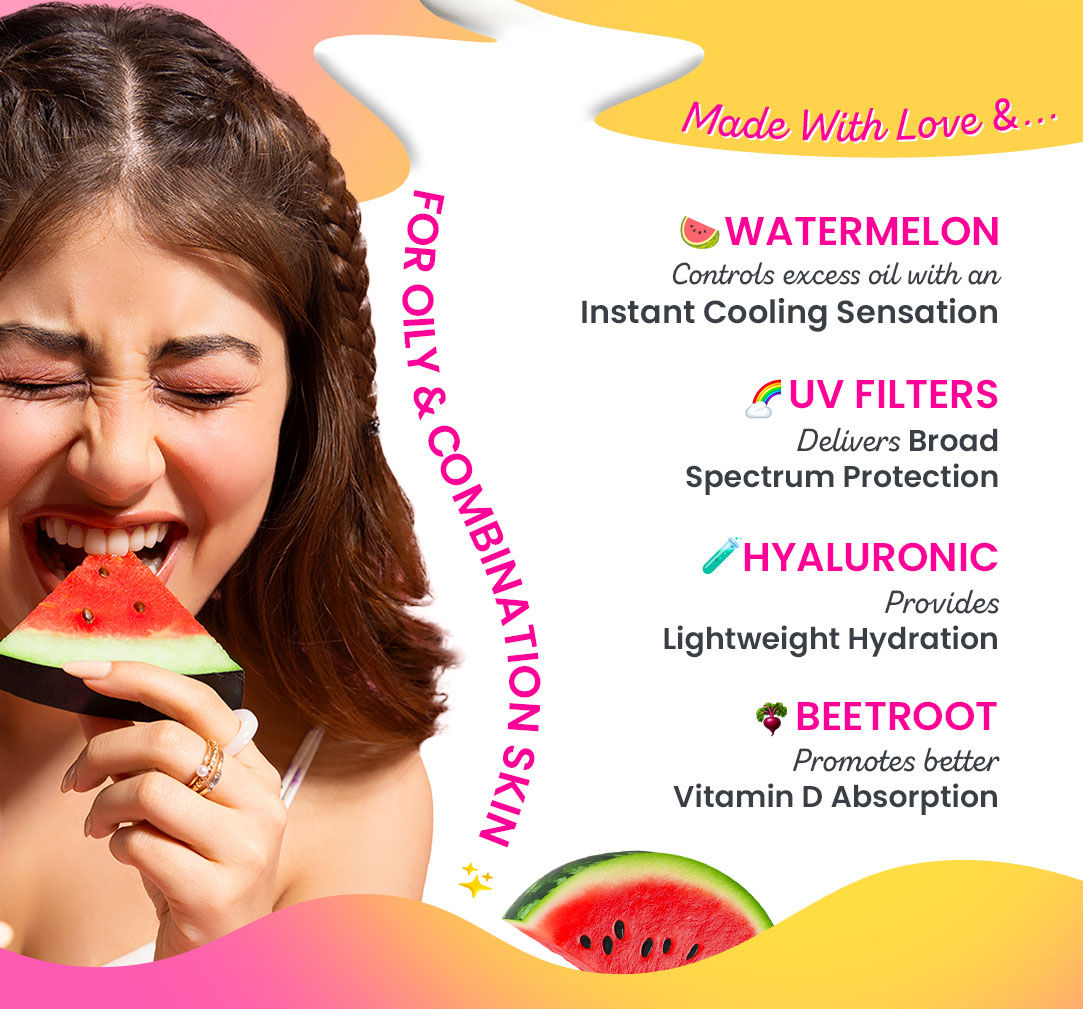 Dot & Key Watermelon Cooling Sunscreen SPF 50+ PA++++ | With Hyaluronic Acid, Instantly Cools Skin, Broad Spectrum Protection | Controls Excess Oil, Checks Tanning, No White Cast, All Skin Types | Water-light lotion | Lightweight & quick absorbing | For oily, combination skin | Checks tanning & sunburn | Oil-free, lumininous & sun protected skin