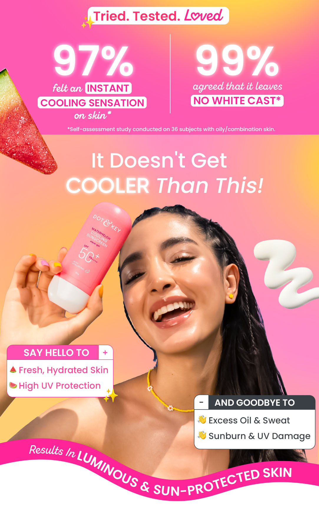 Dot & Key Watermelon Cooling Sunscreen SPF 50+ PA++++ | With Hyaluronic Acid, Instantly Cools Skin, Broad Spectrum Protection | Controls Excess Oil, Checks Tanning, No White Cast, All Skin Types | Water-light lotion | Lightweight & quick absorbing | For oily, combination skin | Checks tanning & sunburn | Oil-free, lumininous & sun protected skin