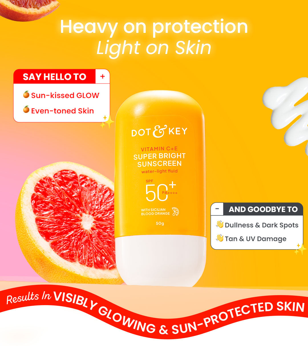 DOT & KEY Vitamin C + E Super Bright Sunscreen Spf 50 |Water-Light,UVA/UVB & Blue Light Protection|For Even Toned & Glowing Skin|With Liquid Spf 50+++| No White Cast| For All Skin Types| With hybrid UV filters | Non-sticky, non-greasy | Lightweight & quick absorbing | For all skin types