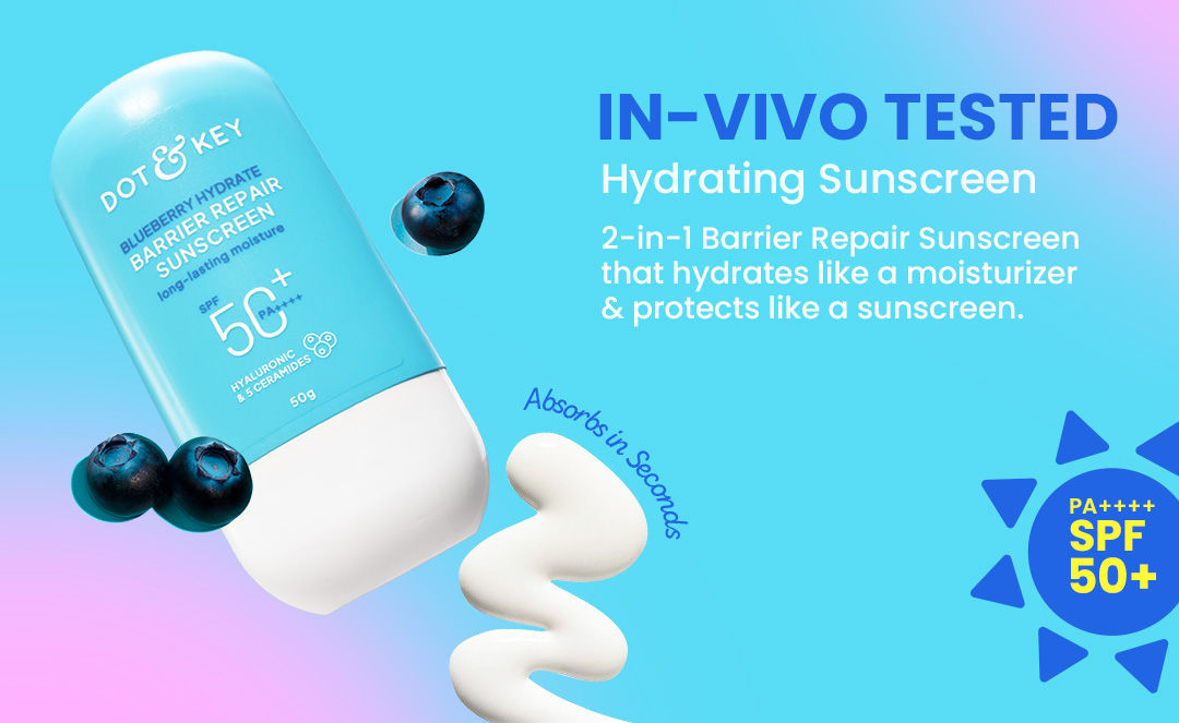 Dot & Key Blueberry Hydrate Barrier Repair Sunscreen Spf 50+,Pa++++|For Dry&Sensitive Skin|Non - Greasy Finish|No White Cast|Uv & Blue Light Protection|Broad Spectrum|For Women&Men | Blueberry-infused SPF shield | Trending sun care essentials | Blueberry bliss SPF defense | daily sunscreen | 5 ceramides | Radiant skin barrier care