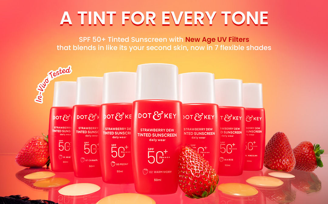 Dot & Key Strawberry Dew Tinted Sunscreen SPF 50+ Pa++++ - 01 Porcelain | Protection Against UA/UB | Broad Spectrum, Water & Sweat resistant | For All Skin Types | 50ml | Broad-spectrum protection | All-day wear | buildable coverage | medium | deep