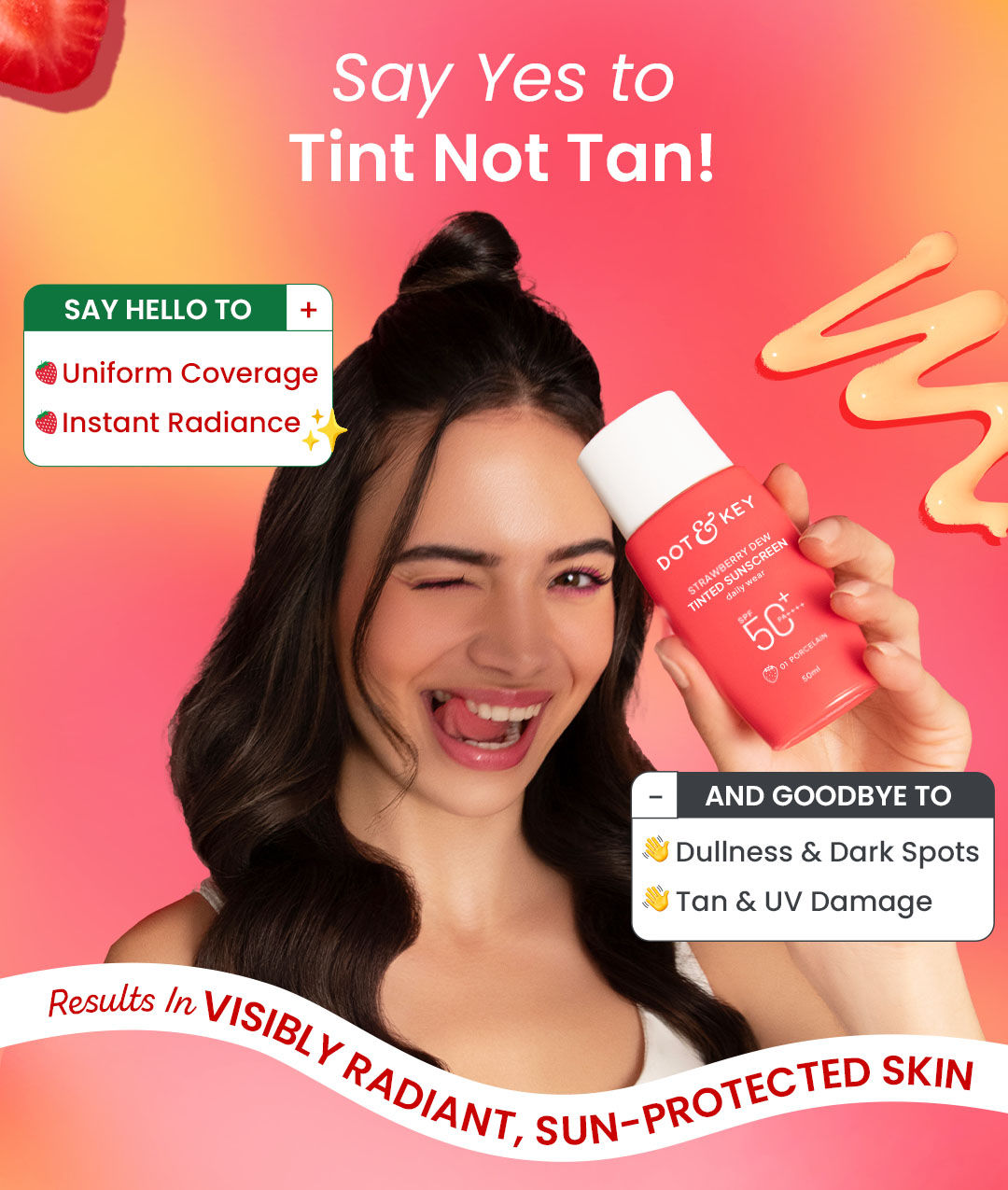 Dot & Key Strawberry Dew Tinted Sunscreen SPF 50+ Pa++++ - 01 Porcelain | Protection Against UA/UB | Broad Spectrum, Water & Sweat resistant | For All Skin Types | 50ml | Broad-spectrum protection | All-day wear | buildable coverage | medium | deep