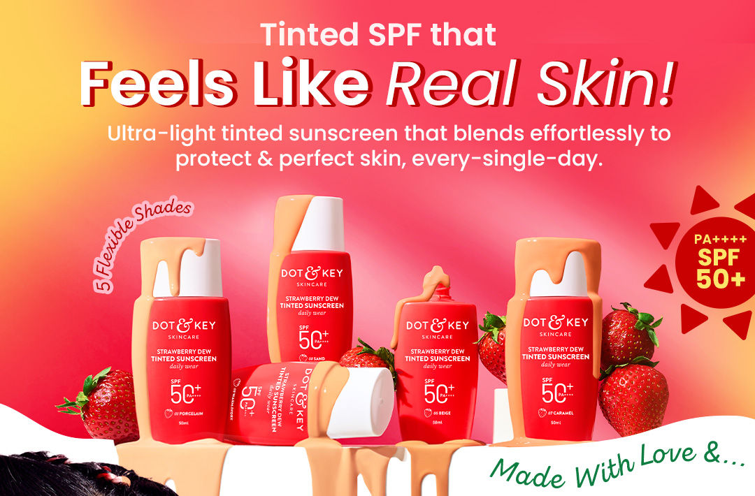 Dot & Key Strawberry Dew Tinted Sunscreen SPF 50+ Pa++++ - 01 Porcelain | Protection Against UA/UB | Broad Spectrum, Water & Sweat resistant | For All Skin Types | 50ml | Broad-spectrum protection | All-day wear | buildable coverage | medium | deep