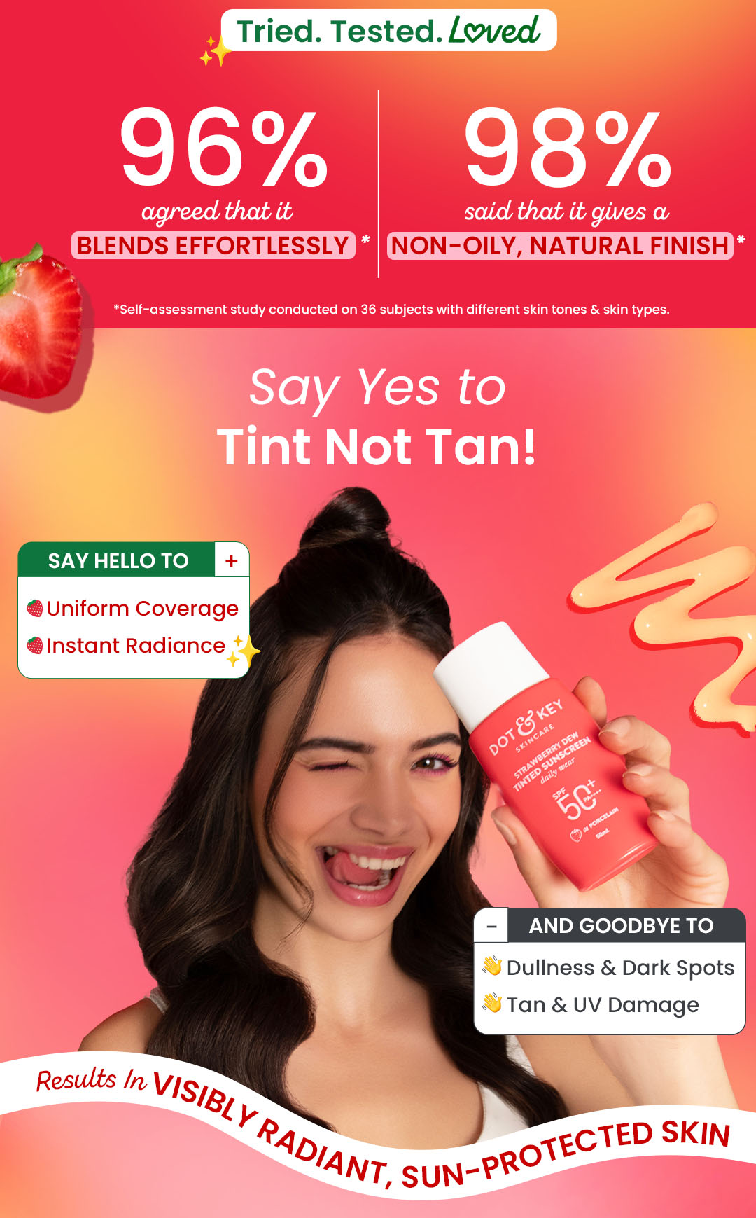 Dot & Key Strawberry Dew Tinted Sunscreen SPF 50+ Pa++++ - 01 Porcelain | Protection Against UA/UB | Broad Spectrum, Water & Sweat resistant | For All Skin Types | 50ml | Broad-spectrum protection | All-day wear | buildable coverage | medium | deep