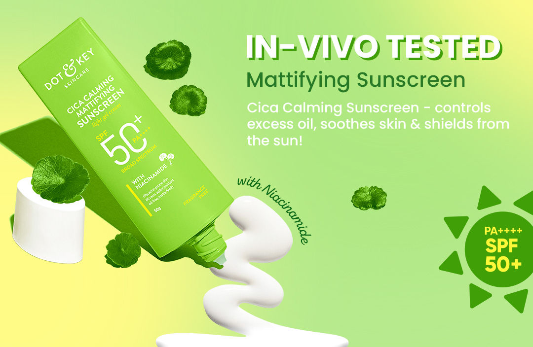 Dot & Key CICA Calming Mattifying Sunscreen SPF 50 PA++++ | For Oily Acne Prone & Sensitive Skin | UVA/UVB Protection | No White Cast, Ultra Light, Fragrance Free & Quick Absorbing | Matte Finish | Fades sun induced dark spots | Zero pilling | Prevents futher tanning
