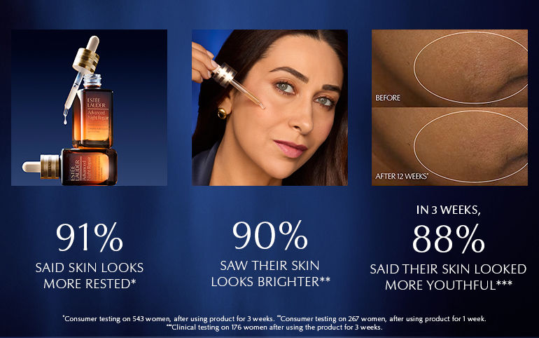 91% SAID SKIN LOOKS MORE RESTED* | 90% SAW THEIR SKIN LOOKS BRIGHTER**| IN 3 WEEKS 88% said their skin looked more youthful*** | *Consumer testing of New Advanced Night Repair Eye on 280 women. **Consumer testing on 280 women immediately after using New Advanced Night Repair Eye ***Consumer testing of New Advanced Night Repair Eye on 279 people.