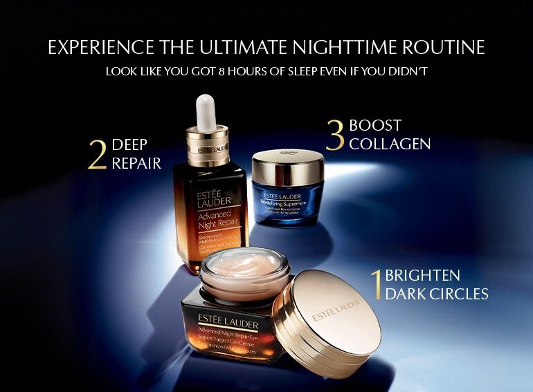 EXPERIENCE THE ULTIMATE NIGHTTIME ROUTINE look like you got 8 hours of sleep even if you didn’t | 1. Brighten dark circles, 2. Deep Repair, 3. Boost Collagen