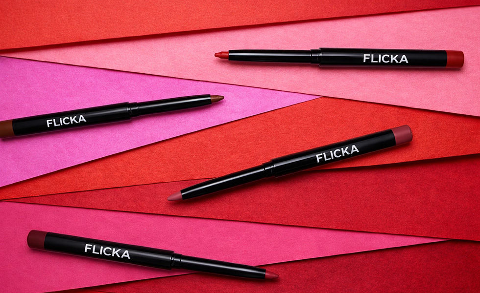 FLiCKA Essential Boundaries Lip Liner - Matte Black Pencils on Red and Pink Background, Multiple Shades
