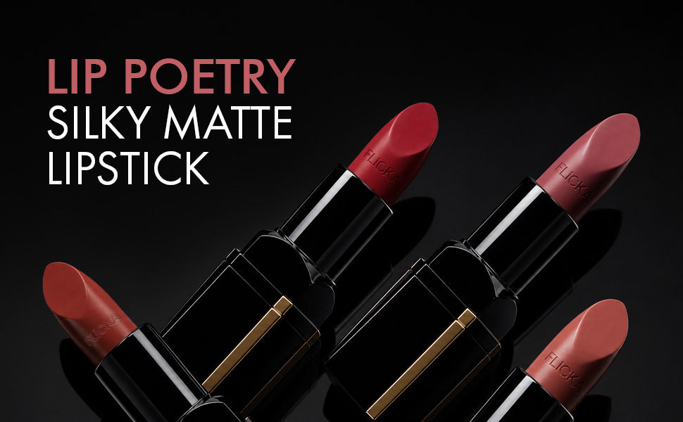 FLiCKA Lip Poetry Silky Matte Lipstick - Multiple Shades on Dark Background