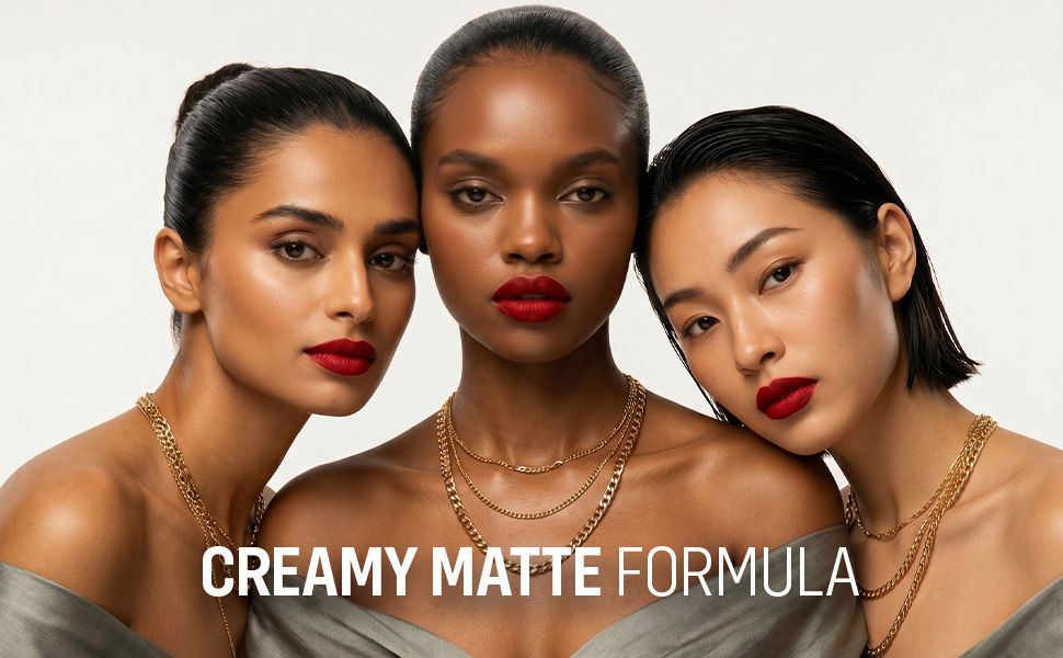 FLiCKA Lip Poetry - Creamy Matte Formula, Three Models Wearing Bold Red Lip