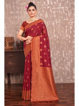 Sangam Prints - Red Woven Work Traditional Tassels Saree with Unstitched Blouse