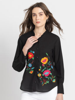 SHAYE - Women V-Neck Black Embroidered Long Sleeves Casual Shirt