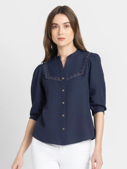 SHAYE - Women Band Collar Navy Blue Solid Three-Quarter Sleeves Casual Top