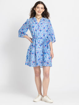 SHAYE - Women V-Neck Blue Floral Print Three-Quarter Sleeves Casual Dress