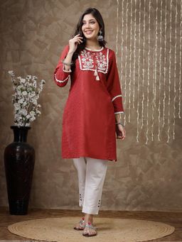 Nayam by lakshita - Embroidered Neck Tie Up Kurti