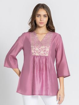 SHAYE - V-Neck Mauve Brocade Ethnic Kurti for Women