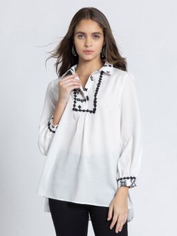 SHAYE - Shirt Collar White Printed Yoke Design Ethnic Kurti for Women
