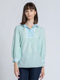 SHAYE - Shirt Collar Blue Geometric Ethnic Kurti for Women