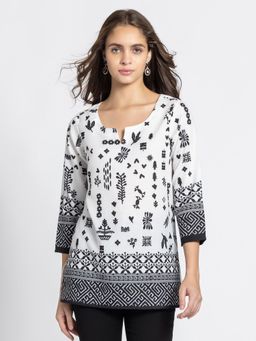 SHAYE - Round Neck White Aztec Print Ethnic Tunic for Women