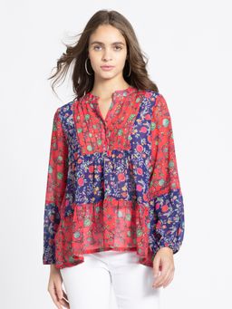 SHAYE - Band Collar Blue Printed Ethnic Tunic for Women