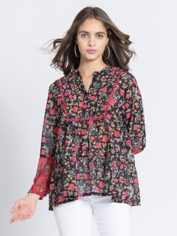 SHAYE - Mandarin Collar Black Printed Ethnic Kurti for Women