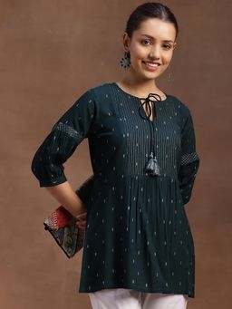 Libas - Green Geometric Woven Design Pleated A-Line Kurti