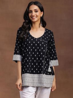 Libas - Black Floral Motif Printed Angrakha Style Tunic with Tassels
