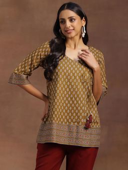 Libas - Mustard Ethnic Motif Printed Angrakha Style Kurti with Tassels