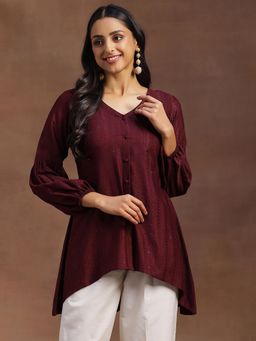 Libas - Wine Ethnic Motif Woven Design Front Open A-Line Kurti
