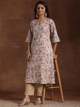 Libas - Red Floral Printed A-Line Kurta with Pocket and Zari Work