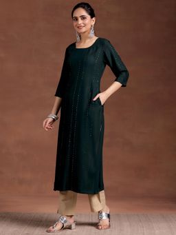 Libas - Green Woven Design Sequinned Straight Kurta with Pocket