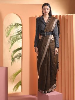 Beatitude - Deep Brown Handloom Linen Saree with Unstitched Blouse