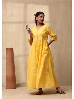 House of Chikankari - Cotton Cambric Chikankari Womens Long Dress -Yellow