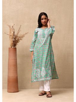 House of Chikankari - Cotton Chikankari Printed Womens Long Kurta - Green