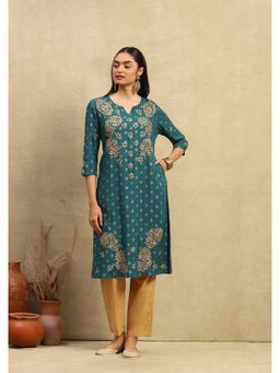 House of Chikankari - Rayon Chikankari Printed Womens Long Kurta - Sea Green